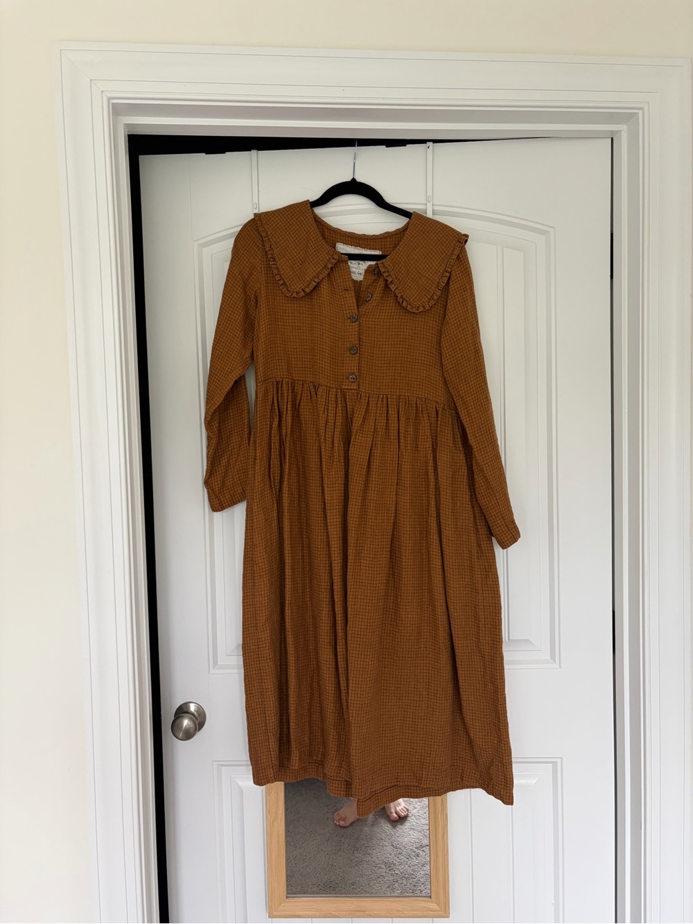 S/M Herringbone Ginger Checks Peter Pan Collar Dress